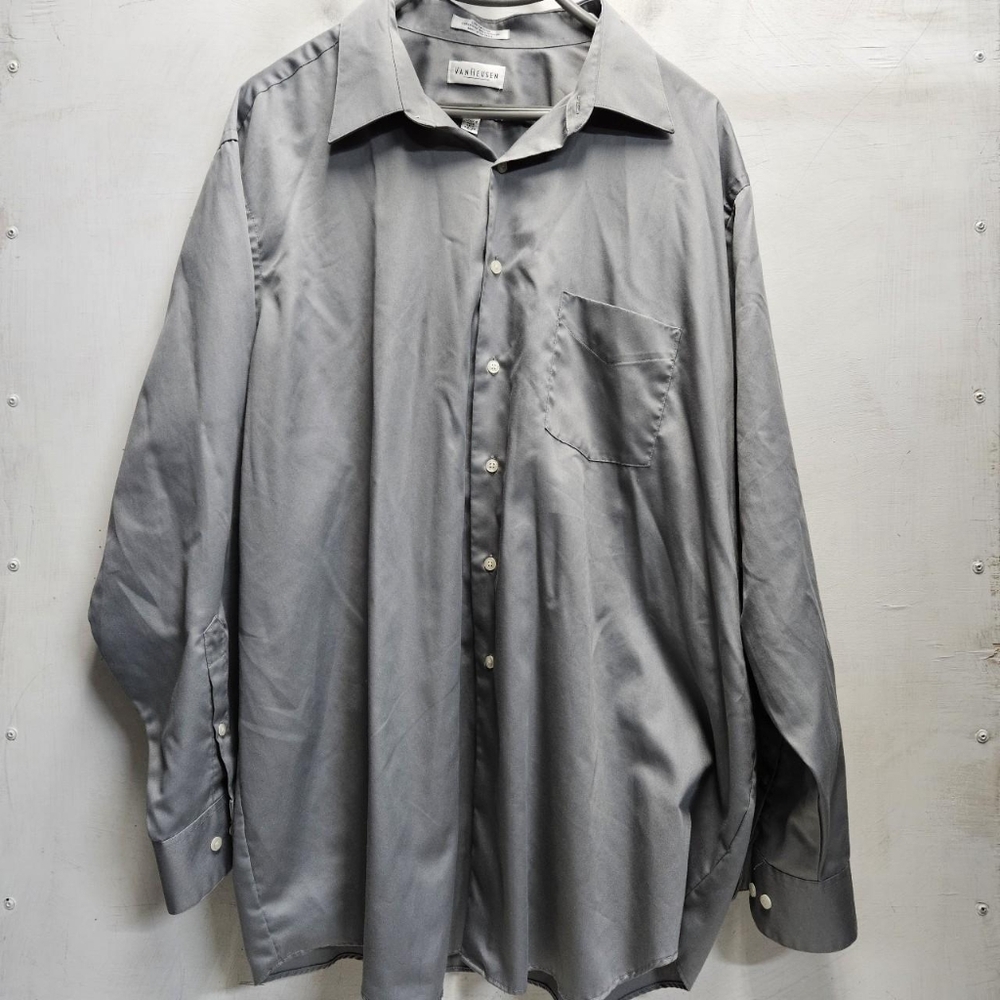 VAN HEUSEN XXL 18.5 34/35 Grey Dress Shirt Long Sleeve Wrinkle Free